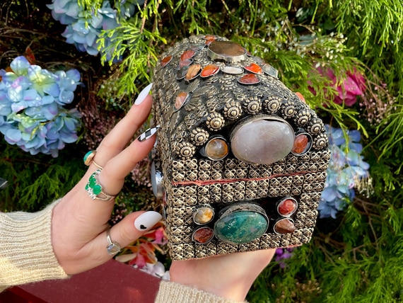 アンティーク イタリア製 800 シルバー メイクボックス ハンドメイド 天然石 Vintage Agate Inlaid Moroccan Jewelry Box ~ Moorish Dome Top W