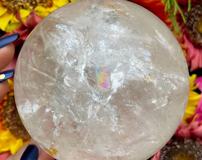 Clear Quartz Crystal Ball ~ Large 1 Lb. 13 oz. Sphere ~ 3" Wide ~ Metaphysical Home Decor ~ Rainbow Inclusions ~ Fast & Free Shipping ~