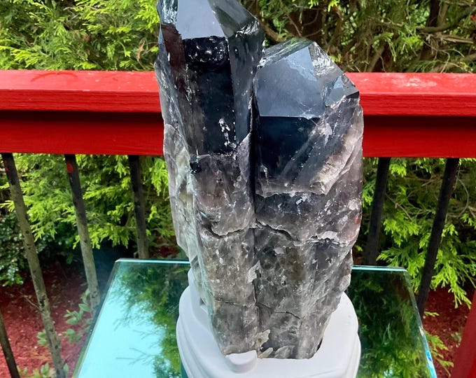 Black Morion Quartz Display Crystal 13 Lb. 3 oz.  Single-Terminated Point Cluster ~ 12" Tall ~Natural Black Color ~ Custom Hand Carved Stand