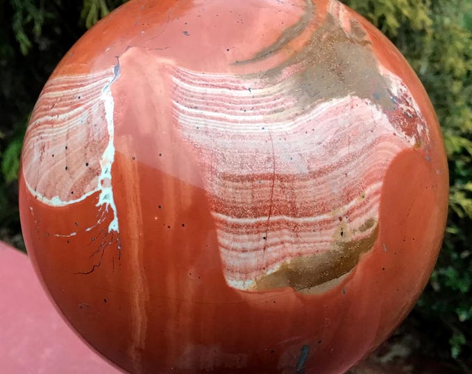 Red Jasper Crystal Ball ~ Large 3 lb. 15 oz. Sphere ~ 4" Wide ~ Big Swirling White Inclusions ~ Altar, Reiki Display Fast & Free Shipping