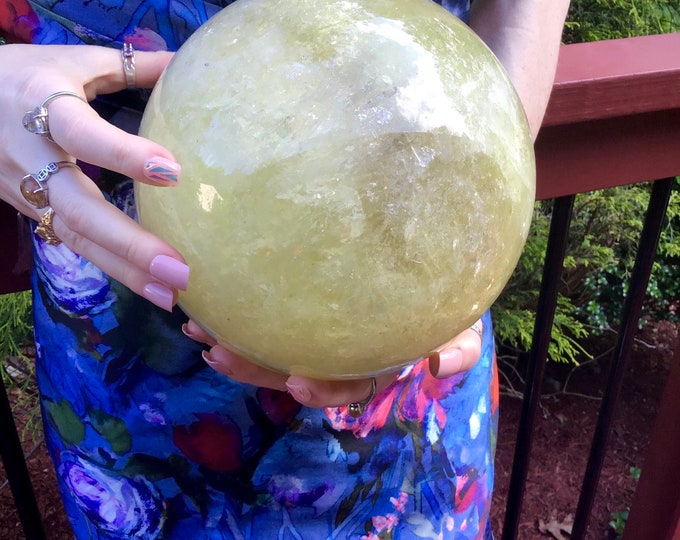Citrine Crystal Ball ~ Large 17 lb. ~ 6 1/2" Wide Yellow Quartz Sphere ~ Sparkling Rainbow Prism Line Inclusions ~ Altar, Reiki, Home Decor