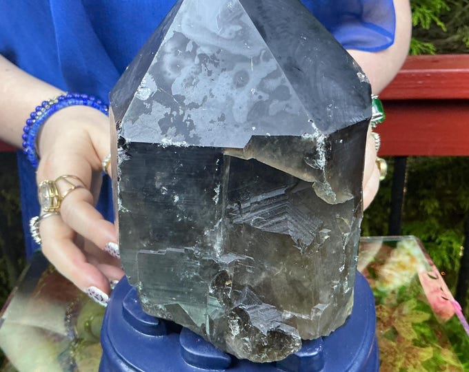 Black Morion Quartz Display Crystal 8 Lb. 14 oz. Single-Terminated Point Cluster ~ 7" Tall ~Natural Black Color ~ Custom Hand Carved Stand