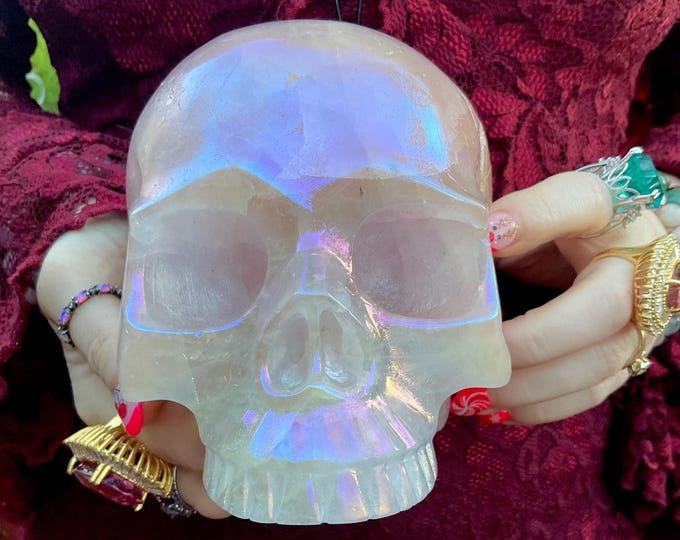 Angel Aura Rose Quartz Crystal Skull ~ Large 6 Lb. 5 oz. ~ Expertly Hand Carved ~ 6" Long Translucent Pink w Rainbow Colors ~ Free Standing