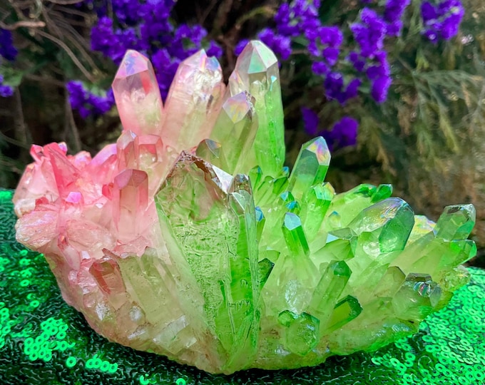 CLEARANCE! ~ Pink & Green Aura Quartz Crystal Cluster ~ 1 Lb. 14 oz. ~ 6 1/2" Long ~ Sparkling Electric Rainbow Iridescent Points