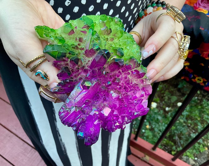 Purple & Green Aura Quartz Crystal Cluster ~ Large 1 lb. 8 oz. ~ 4 1/2" Long ~ Rainbow Iridescent Electric Points ~ Fast Free Shipping, USA