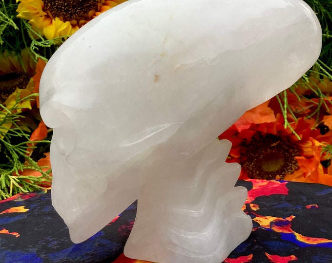Snow Quartz Crystal Alien Skull ~ Large 4 Lb. 8 oz. ~ 7" Long ~ High Quality Hand Carved ~ Translucent Sparkling Rainbow Inclusions