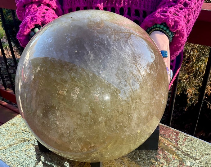 Smokey Citrine Crystal Ball ~ Large 73 Lb ~ 13" Wide ~ Polished Yellow Quartz Sphere w Custom Display Stand ~ Sparkling Rainbow Inclusions
