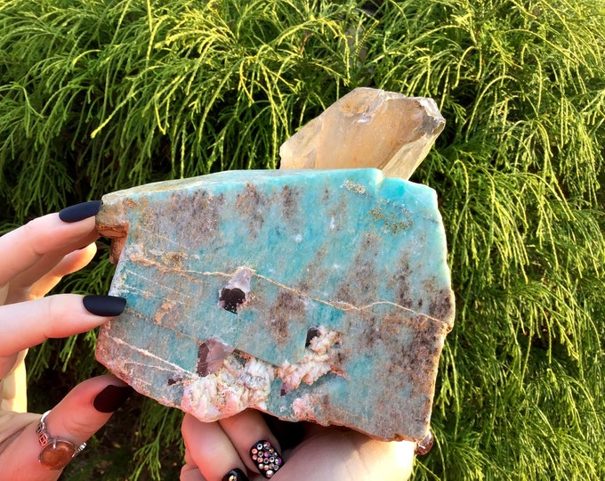 Ethiopian Amazonite Smokey Quartz Crystal Cluster ~ Large 2 Lb. 9 oz. ~ 4" Tall ~ Beautiful Natural Mineral Specimen ~ Fast & Free Shipping