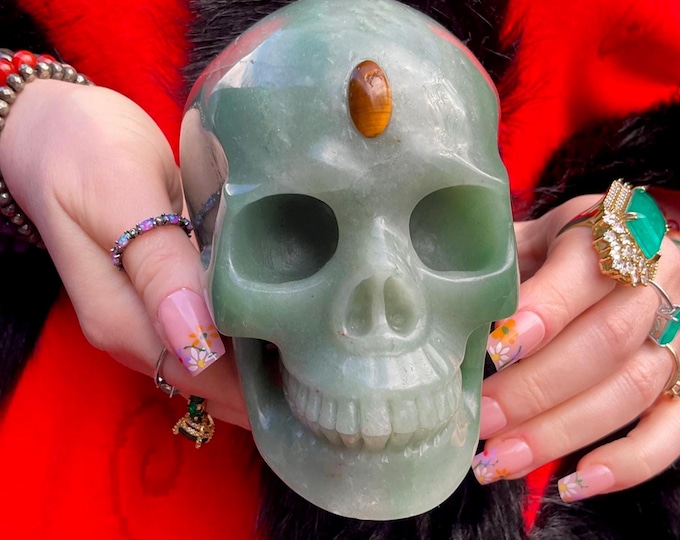 Green Aventurine Crystal Skull ~ Large 2 Lb. 14 oz. ~ 5" Long ~ Hand Carved with Golden Tigers Eye Third Eye ~ Fast & Free Shipping ~