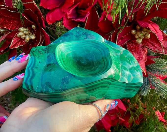 Malachite Crystal Jewelry Bowl ~ 2 Lb. 14 oz. ~ 6" Long ~ Beautiful Vintage Green, Colorful Swirling Bulls Eye Patterns ~ Fast Shipping, USA