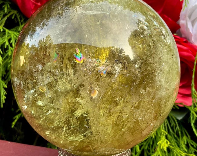 Clear Citrine Crystal Ball ~ Large 5 Lb. 11 oz. ~ 4 1/2" Wide ~ Sparkling Smokey Quartz & Rainbow Inclusions ~ Metaphysical Home Decor