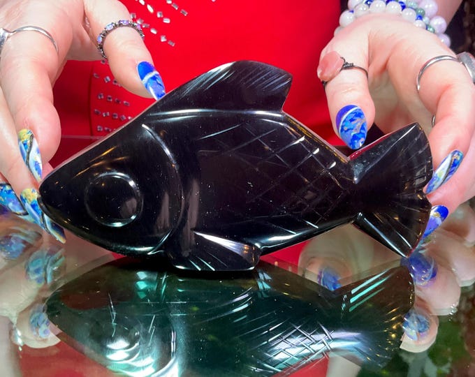 Black Obsidian Fish Carving ~ 9 oz. ~ 5" Long Hand Carved ~ Stunning Museum Quality Polished Specimen ~ Mineral Totem Animal ~ Free Shipping