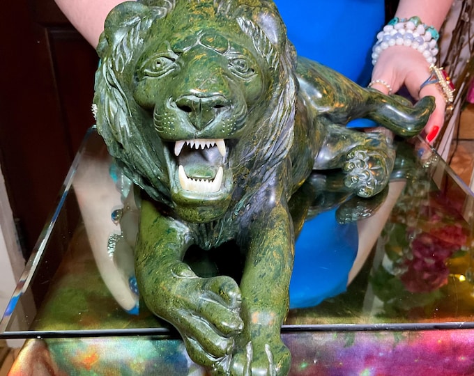 Verdite African Lion ~ Large 16 Lb. Carving ~ 14" Long ~ Vintage Hand Carved Sculpture from Zimbabwe ~ Museum Quality ~ Spirit Animal Totem