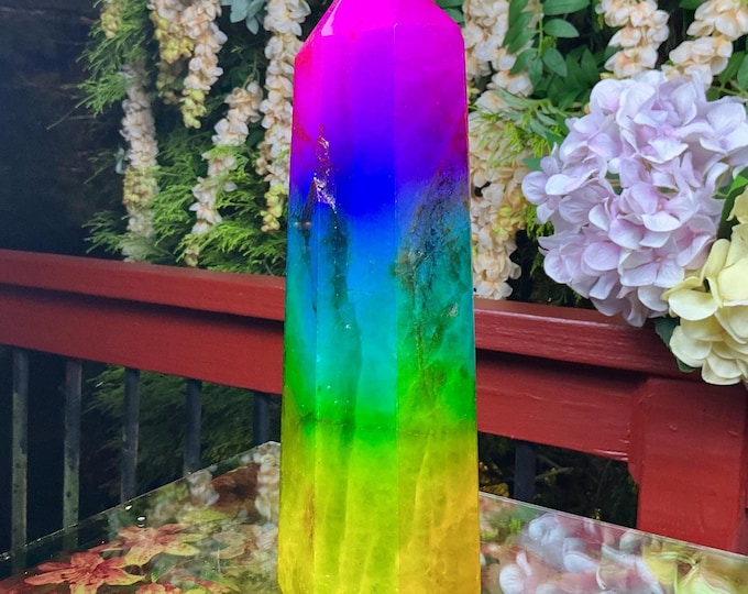 Rainbow Aura Fluorite Crystal Generator ~ Large 6 Lb. 4 oz. ~ 11" Tall Tower ~ Swirling Purple Green & Yellow Colors ~ Fast Free Shipping ~