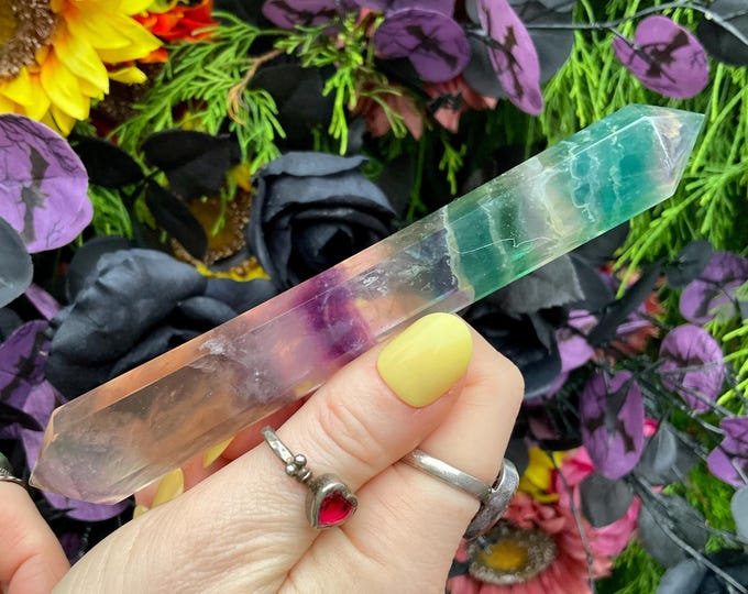 Rainbow Fluorite Double Terminated Wand ~ Large 3.4 oz. ~ 6" Long ~ Clear, Green, Purple ~ Fast & Free Shipping, USA + Global Shipping