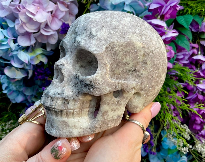 Lepidolite Crystal Skull ~ Large 2 Lb. 14 oz. ~ Expertly Hand Carved ~ 5" Long ~ Purple White & Sparkling Silver Mica Stone ~ Free Standing