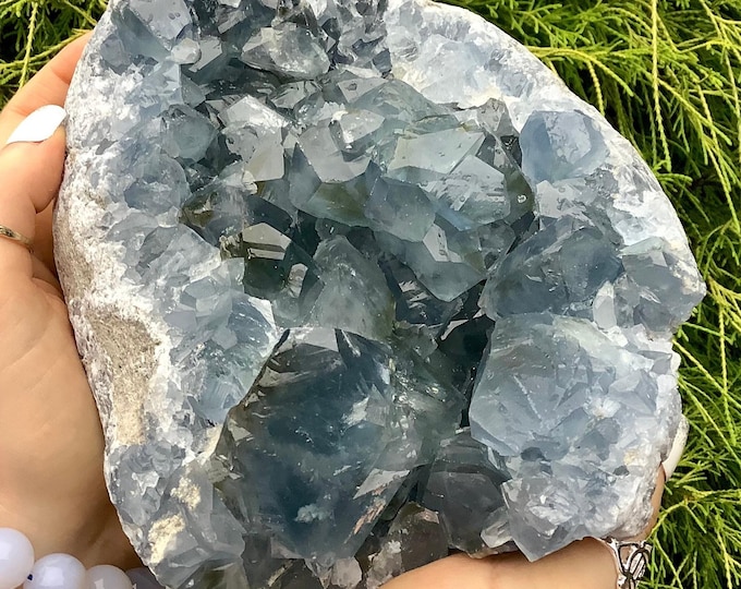 CLEARANCE! ~ Blue Celestite Crystal Cluster ~ Large 9 Lb. 2 oz. ~ 7" Long ~ Stunning Home Decor - Sparkling Blue Crystals on Matrix