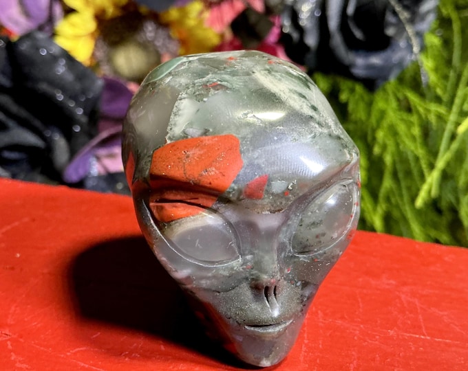African Bloodstone Alien Mini Skull Crystal 5 oz. ~ 2" Tall ~ Expertly Hand Carved Sculpture ~ Red and Green ~ One-of-a-Kind ~ Fast Shipping