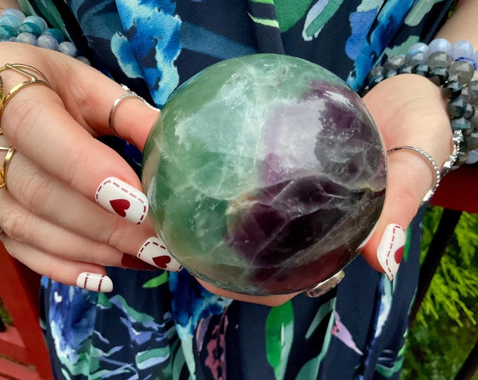 Green & Purple Fluorite Crystal Ball ~ 1 lb. 8 oz. ~ 3" Wide ~ Reiki, Altar, Meditation, Metaphysical Home Decor ~ Fast and Free Shipping ~