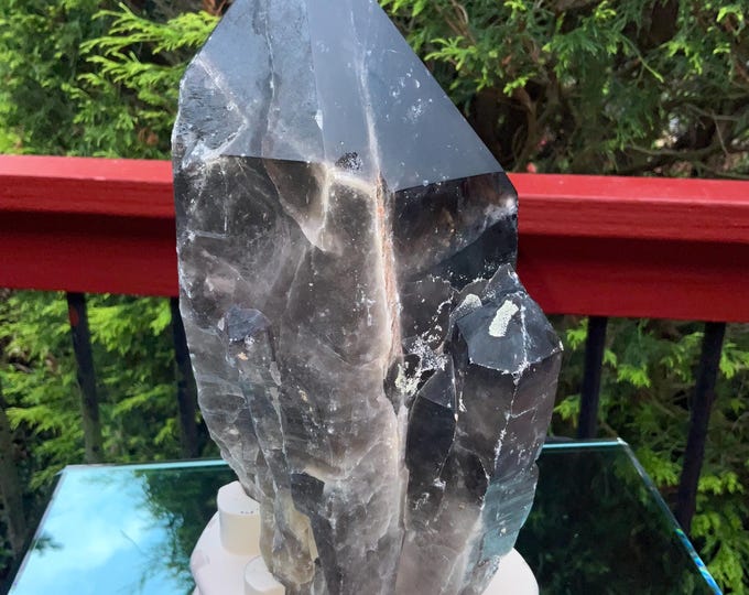 Black Morion Quartz Display Crystal 6 Lb. 9 oz.  Single-Terminated Point Cluster ~ 8" Tall ~Natural Black Color ~ Custom Hand Carved Stand