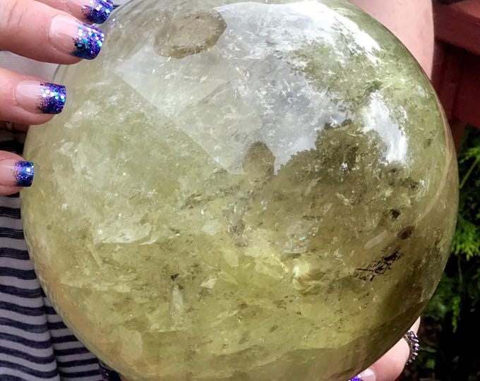 Citrine Crystal Ball ~ Large 11 lb. ~ 6" Wide ~ Polished Quartz Sphere Natural Gold Color ~ Rainbow Inclusions ~ Big Beautiful Reiki Display