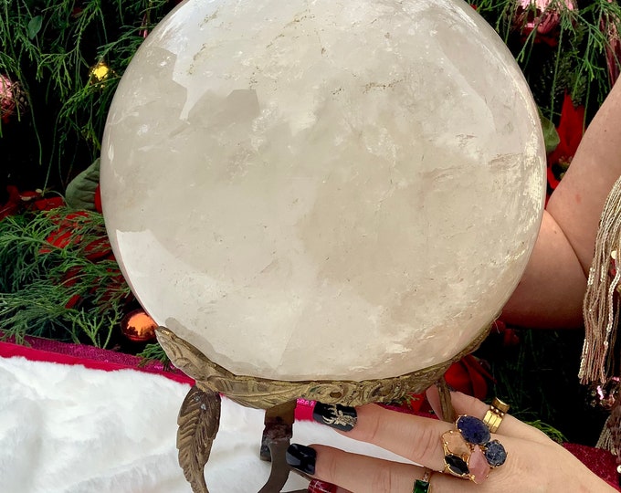 Clear Quartz Crystal Ball ~ Large 25 Lb w/ Antique Brass Stand~ 8" Wide Polished Sphere ~ Golden Healer Inclusions ~ Reiki, Altar, Feng Shui