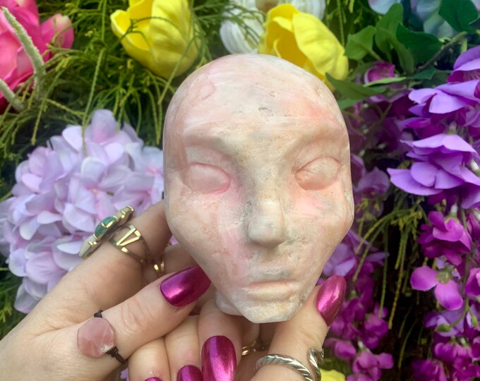 Pink Aragonite Fairy/Elf/Pixie Skull Crystal 1 Lb. 10 oz. ~ 4" Tall ~ Pink & White Colors