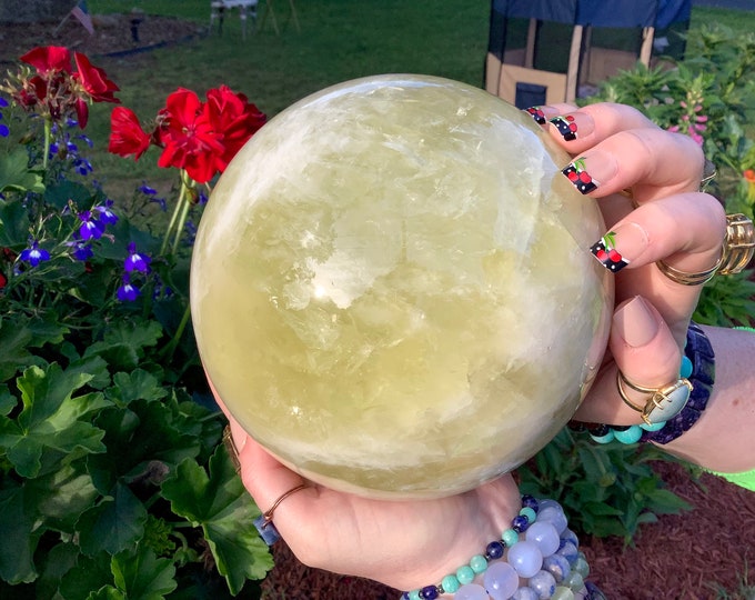 Citrine Crystal Ball ~ Large 10 Lb. 5 oz. ~ 6" Wide ~ Golden Yellow Banded White Lines ~ Polished Quartz Sphere ~Sparkling Silver Inclusions