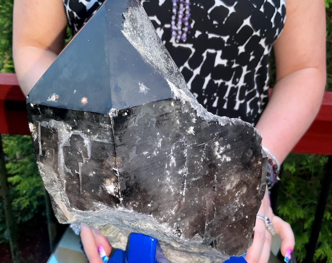 Black Morion Quartz Display Crystal 9 Lb. 7 oz.  Single-Terminated Point Cluster ~ 10" Tall ~Natural Black Color ~ Custom Hand Carved Stand