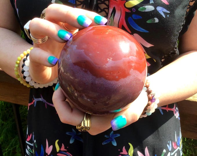 Red and Pink Jasper Crystal Ball ~ Large 2 Lb. 6 oz. ~ 3 1/2" Wide ~ Rare Color Combination ~ Root Chakra Altar Display, Metaphysical Decor