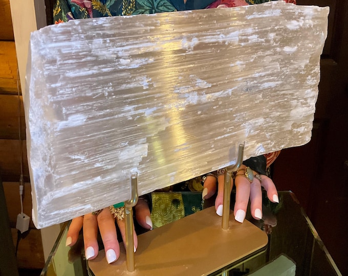 Selenite Crystal on Display Stand ~ Large 5 Lb. 11 oz. ~ 13" Long ~ Beautiful White Shiny Iridescent Gypsum Specimen