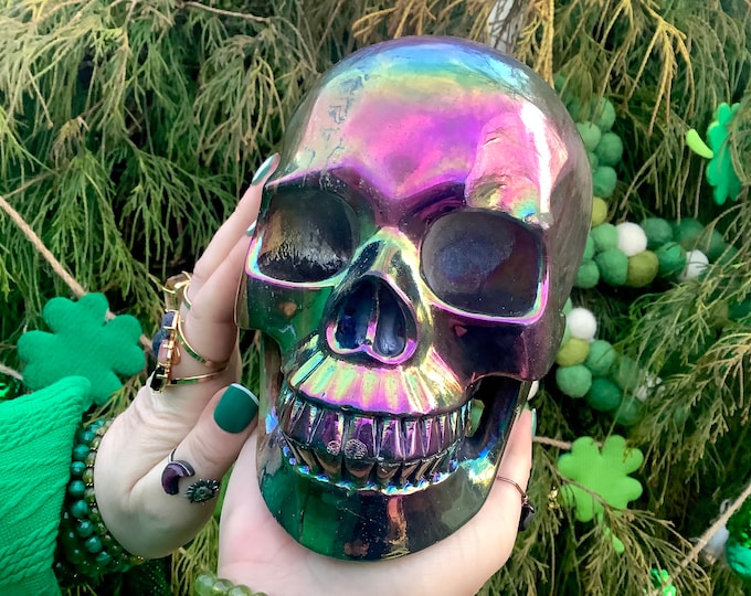 Rainbow Aura Titanium Agate Crystal Skull ~ Large 7 Lb. 4 oz. ~ 7" Long ~ Expertly Hand Carved, Life Size Sculpture ~ Ships from U.S.A. ~