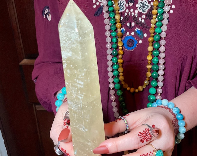Yellow Calcite 13 1/2 oz. Crystal Generator ~ 6" Tall Tower ~ Golden Honey & Silver Inclusions