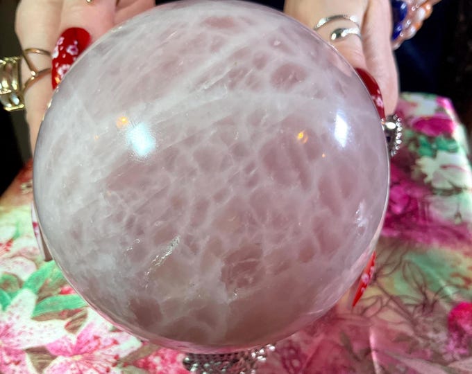 Rose Quartz Crystal Ball ~ Large 4 lb. 4 oz. ~ 4" Wide ~ with Ornate Metal Display Stand ~ Beautifully Polished Pink Sphere ~ Free Shipping