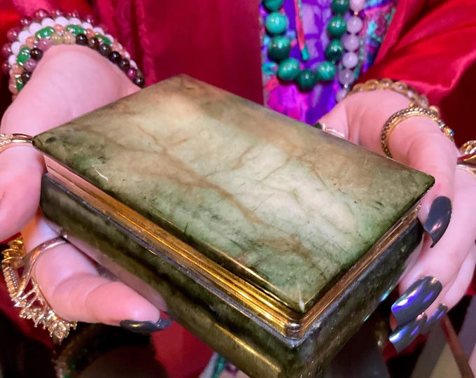 Nephrite Jade Vintage Jewelry Box ~ 4 1/2" Long ~ Hand Crafted from Ural Mountains ~ Colorful Green & Black Colors