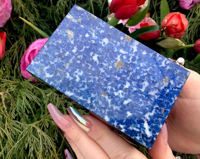Sodalite Jewelry Box with Lid ~ 3 1/2" Long ~ Handmade in Brazil ~ Vintage Display ~ Speckled Sodalite ~ Blue & White Calcite Colors