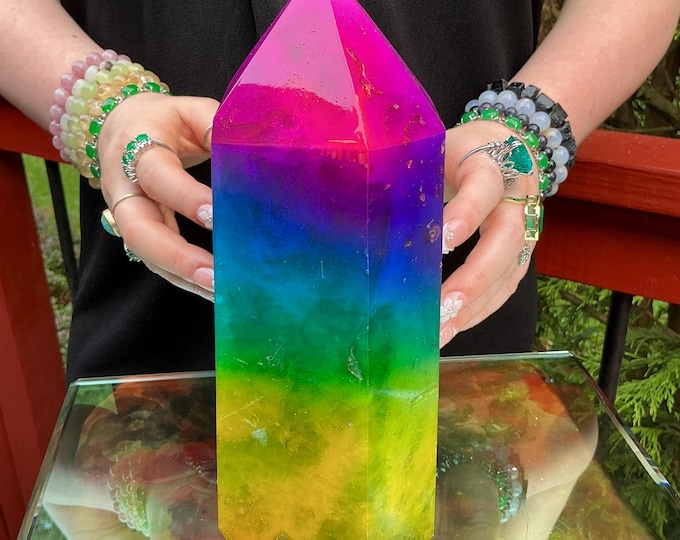 Rainbow Aura Fluorite Crystal Generator ~ 9 lb. 12 oz.~ 10" Tall Tower ~ Colorful Pink Blue Green Yellow Color ~ Fast & Free Shipping U.S.A.