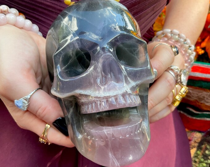 Rainbow Fluorite Laughing Crystal Skull ~ Large 3 Lb. 13 oz. ~ 4" Long~ Hand Carved ~ Translucent Blue, Green Clear Crystal Sculpture