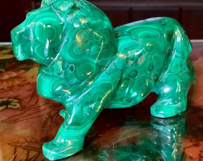 Malachite Crystal Lion ~ 9 oz. ~ 4" Long ~ Vintage Carving~ Polished and Hand Carved in Congo, Africa ~ Fast & Free Shipping