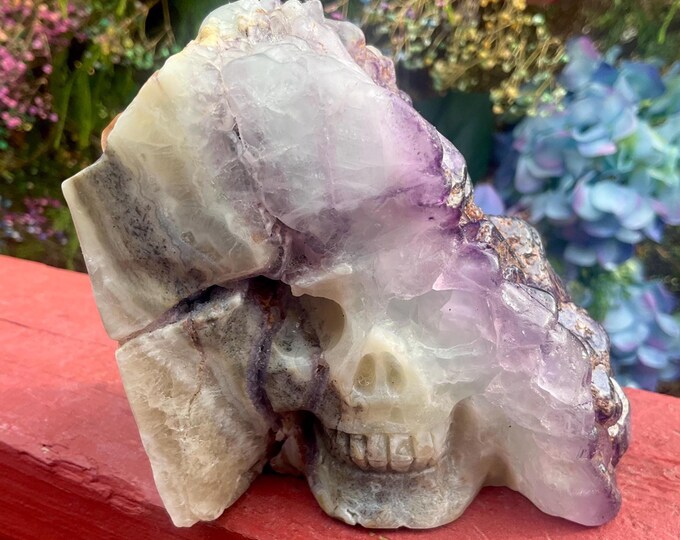 Rainbow Fluorite Crystal Skull ~ Large 2 Lb. 2 oz. ~ 3 1/2" Tall ~ Hand Carved Sculpture ~ Translucent Purple Rainbow Colors ~ Free Standing
