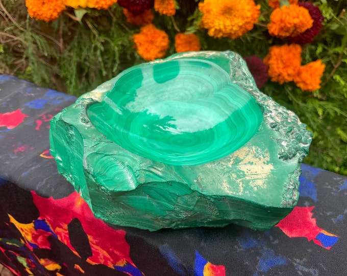 Malachite Crystal Bowl ~ Large 2 Lb. 13 oz. ~ 5" Long ~ Polished Green Mineral Specimen ~ Natural Swirling Bullseye Patterns ~ Ships Fast!