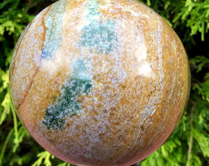 Ocean Jasper Crystal Ball ~ Large 1 lb. 3 oz. ~ 2 1/2" Wide ~ Golden Yellow Color, White, Greens ~ Soothing Home Decor, Meditation Stone