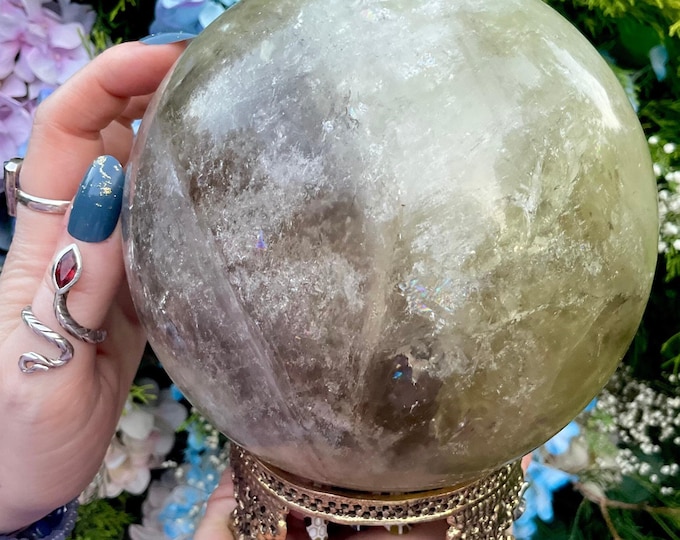 Citrine Crystal Ball ~ Large 8 lb. 3 oz. with a Decorative Brass Stand ~ 5 1/2" Wide ~ Smokey Golden Yellow Colors ~ Rainbows Silver Flashes