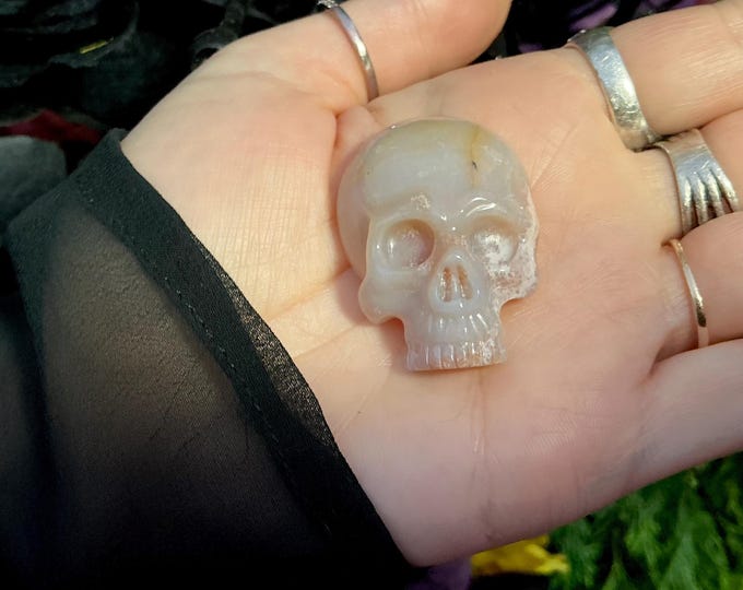 White Agate Crystal Skull Pendant Necklace ~ 2" Long ~ Hand Carved One-of-a-Kind ~ Fast & Free Shipping, U.S.A. + Global Shipping