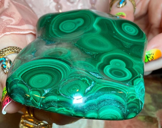 Malachite Large 14 oz. Stone ~ 3 1/2" Long - Big Beautiful Polished Green African Mineral Specimen Display ~ Swirling Bullseye Patterns