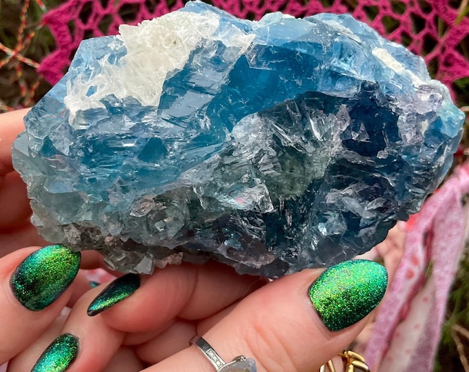 Blue Fluorite Crystal Cluster ~ Large 1 lb. 2 oz. ~ 4" Long ~ Ocean Blue & Clear Color Translucent Crystals ~ Sparkling Formations