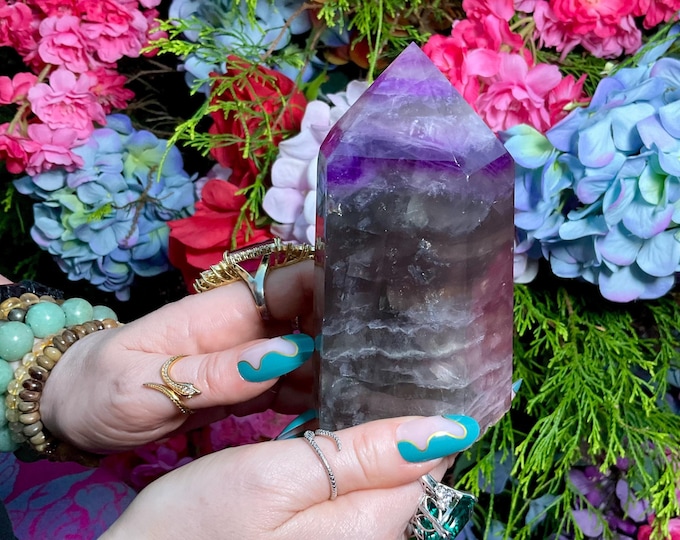 Purple Fluorite Crystal Generator ~ Large 1 lb. 14 oz. ~ 5" Tall Tower ~ Beautifully Polished Rainbow Colors ~ Free & Fast Shipping from USA