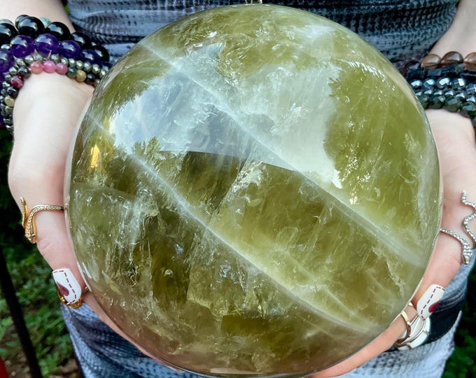 Smokey Citrine Crystal Ball ~ Large 13 lb. 15 oz. ~ 6 1/2" Wide ~ Big Swirling White Bands ~ Silver Flash Inclusions