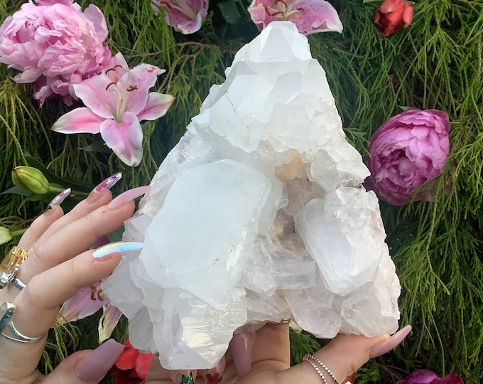 Apophyllite Crystal Cluster ~ Large 3 Lb. 13 oz. ~ 7" Long ~ Stunning Sparkling Zeolite ~ Loaded with Peach Stilbite ~ Ultra Rare Display