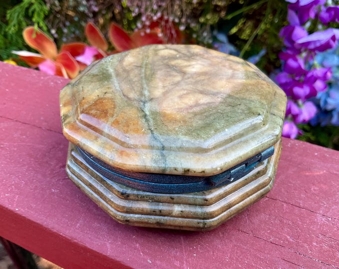 Rainforest Jasper Jewelry Box w/ Lid ~ 3 1/2" Long ~ Handmade ~ Vintage Antique Octagon Display ~ Swirling Green with Gold Colors